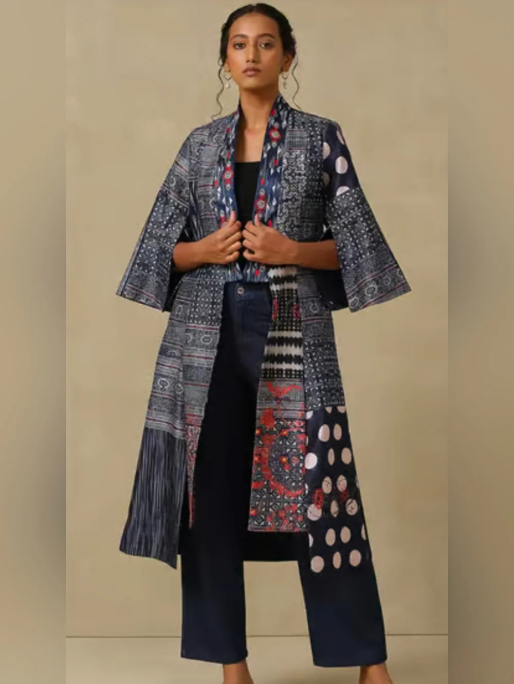 Soft Surroundings Navy and Red Printed Long Kimono - Picture 1 of 9